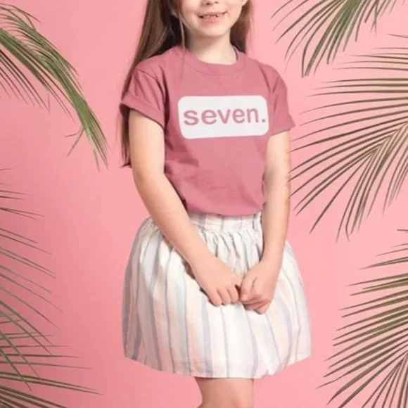 Birthday seventh Seven 7th birthday girls shirt small pink peach tee tshirt top - Picture 1 of 9